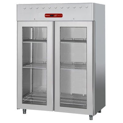 Gastro Tiefkühlschrank Edelstahl 1400L , 2 Glastüren , GN 2/1 , Umluftkühlung, AD2B/H2G-R2